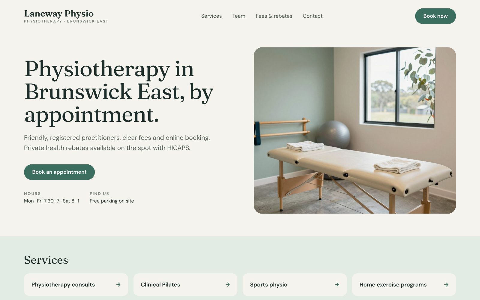 Laneway Physio, a fictional sample site, on a laptop